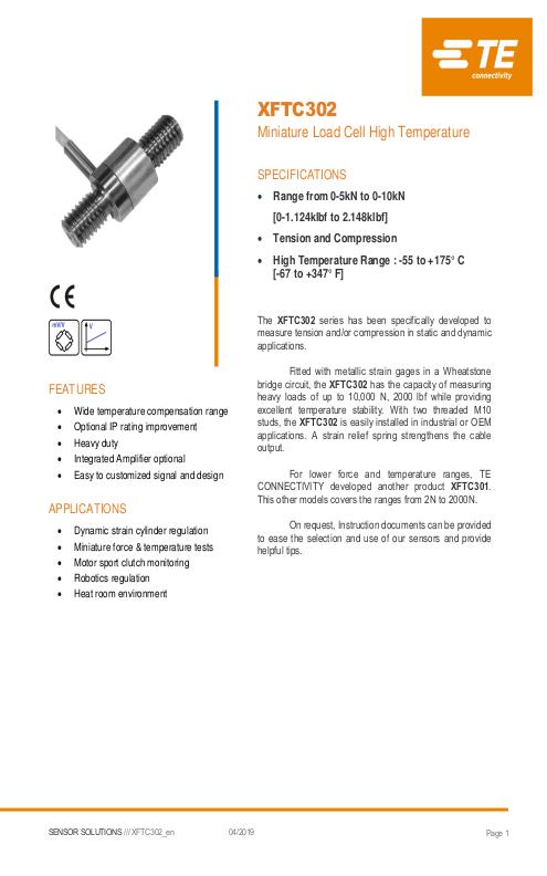 TE Connectivity社製 ロードセル XFTC302シリーズ