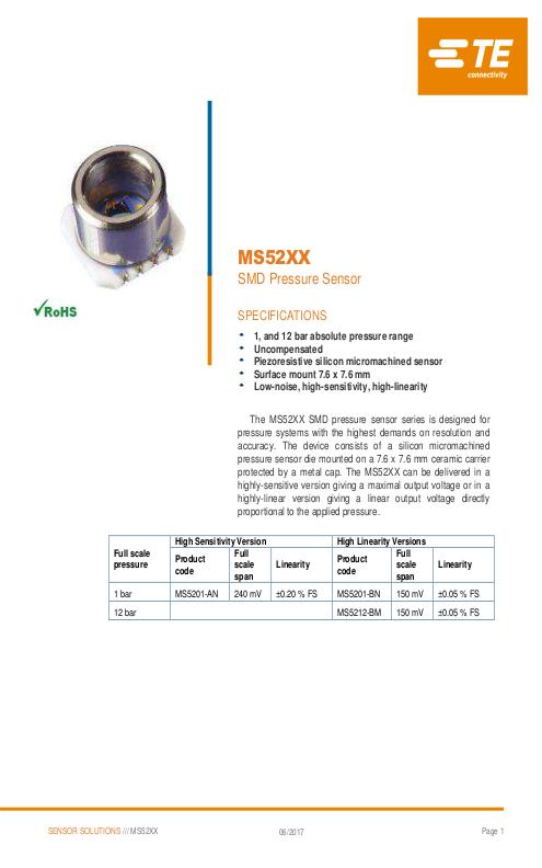 TE Connectivity社製 小型半導体圧力センサ MS52xx、MS54xxシリーズ