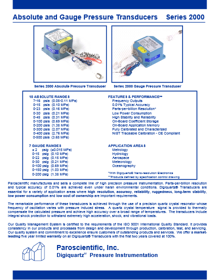 Paroscientific社製 水晶振動式 圧力センサ　3000シリーズ