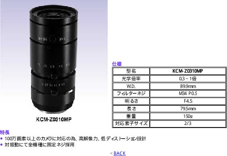 メガピクセル対応ズームレンズ(FA用マクロレンズ系) KCM-Z0310MP