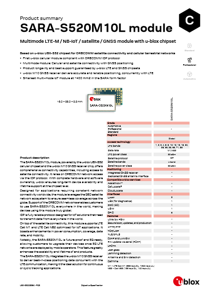 LTE-M/NB-IoT/satellite/GNSSモジュール SARA-S520M10L