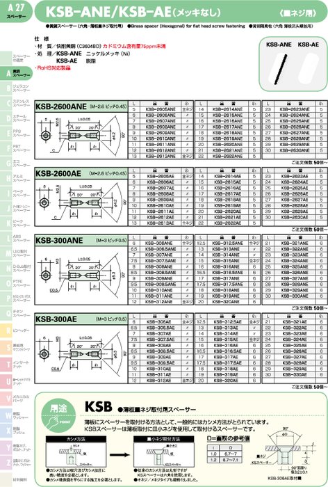 黄銅スペーサー(六角・薄板皿ネジ取付用) KSB-ANE／KSB–AE(メッキなし)