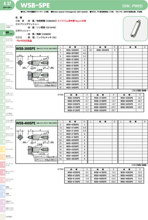 SW、PW付黄銅スペーサー(六角) WSB-SPE