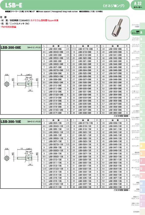 黄銅スペーサー(六角)オネジロング LSB–E