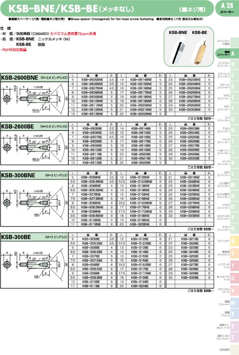 黄銅スペーサー(六角・薄板皿ネジ取付用) KSB-BNE／KSB–BE(メッキなし)