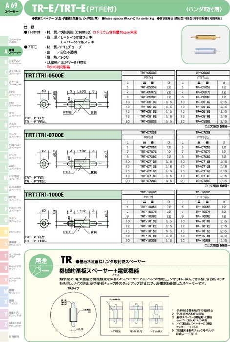 黄銅スペーサー(丸型・子基板2段重ねハンダ取付用) TR-E／TRT–E(PTFE付)