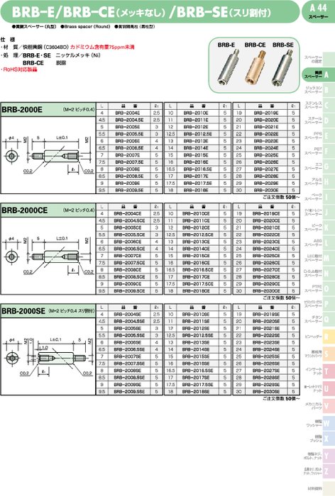 黄銅スペーサー(丸型)BRB–E／BRB–CE(メッキなし)／BRB–SE(スリ割付)