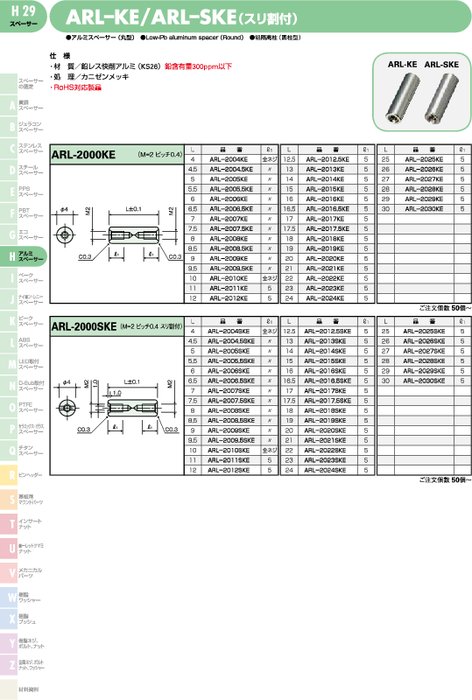 アルミスペーサー (丸型) ARL-KE／ARL–SKE(スリ割付)