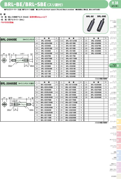 アルミスペーサー (丸型・黒アルマイト処理) BRL-BE／BRL–SBE(スリ割付)