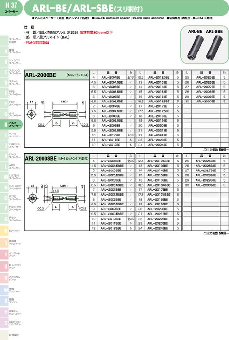 アルミスペーサー(丸型・黒アルマイト処理) ARL-BE／ARL–SBE(スリ割付)