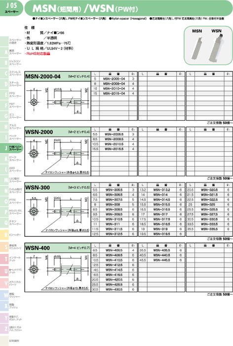 ナイロンスペーサー(六角) MSN(短間用)／WSN(PW付)