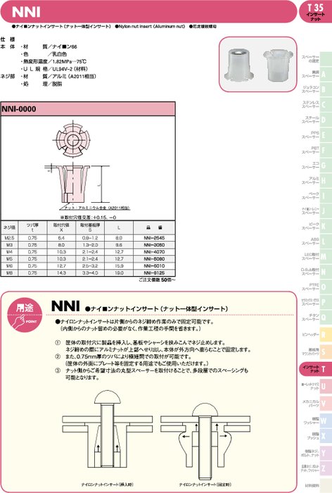 ナイロンナットインサート(ナット一体型インサート) NNI