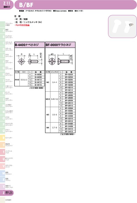 十字穴付き黄銅製ナベ小ネジ／サラ子ネジ B／BF