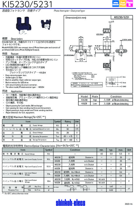 透過型フォトセンサ ギャップ幅広 防塵タイプ KI5230／KI5231