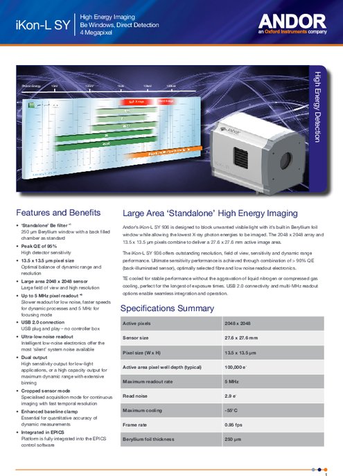 High Energy Imaging Be Windows, Direct Detection 4 Megapixel iKon-L SY