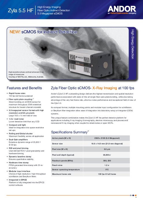 High Energy Imaging Fiber Optic Indirect Detection 5.5 Megapixel sCMOS Zyla 5.5 HF