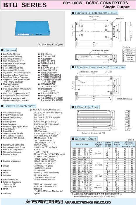 スイッチング電源DC-DCコンバータ BTUシリーズ