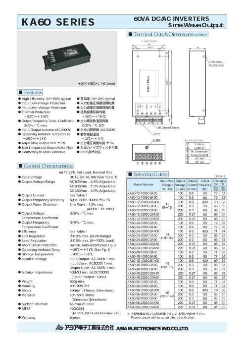 正弦波交流電源DC－ACインバータ KA60シリーズ