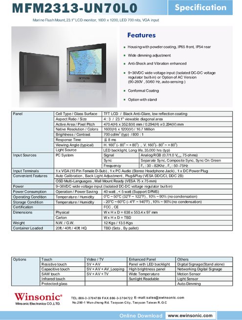 WINSONIC船舶用液晶モニターMFM2313-UN70L0