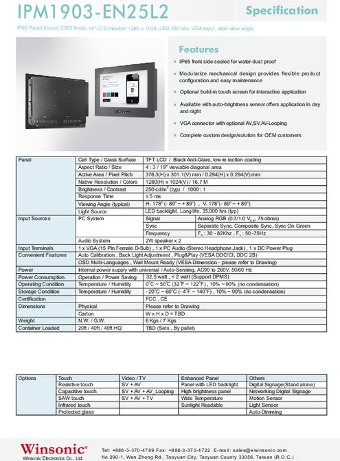 19インチ液晶ディスプレイ WINSONIC IPM1903-EN25L2