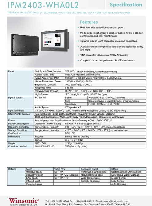 24インチワイド液晶ディスプレイ WINSONIC IPM2403-WHA0L2