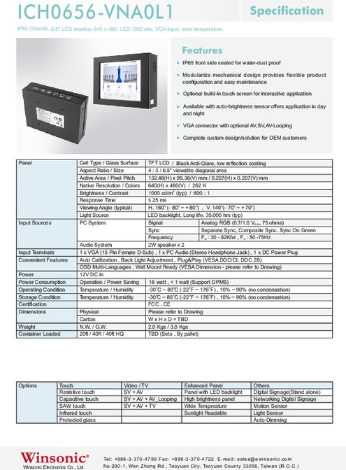 6.5インチ液晶ディスプレイ WINSONIC ICH0656-VNA0L1