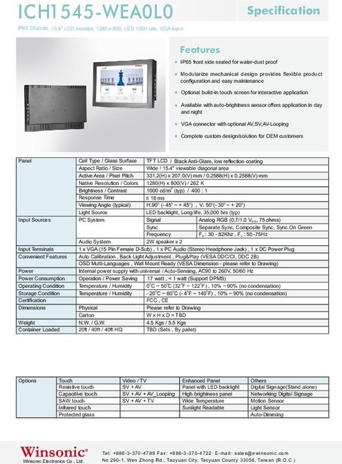 15.4インチワイド液晶ディスプレイ WINSONIC ICH1545-WEA0L0