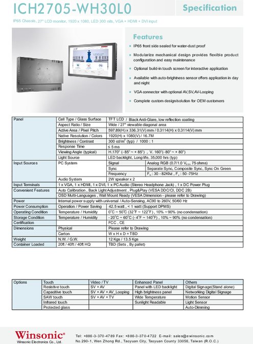 27インチワイド液晶ディスプレイ WINSONIC ICH2705-WH30L0
