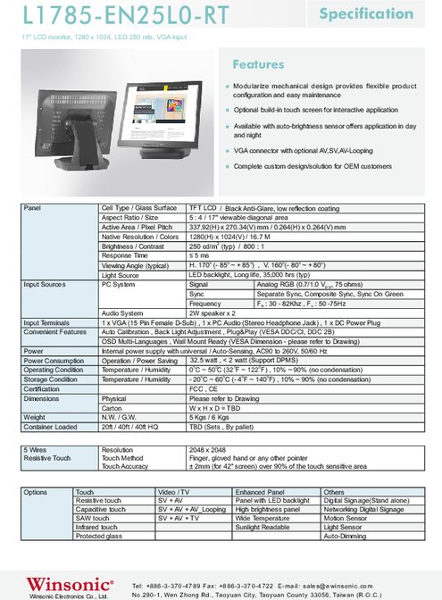 17インチ液晶ディスプレイ WINSONIC L1785-EN25L0-RT