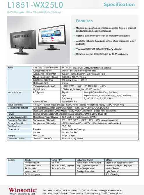 18.5インチワイド液晶ディスプレイ WINSONIC L1851-WX25L0