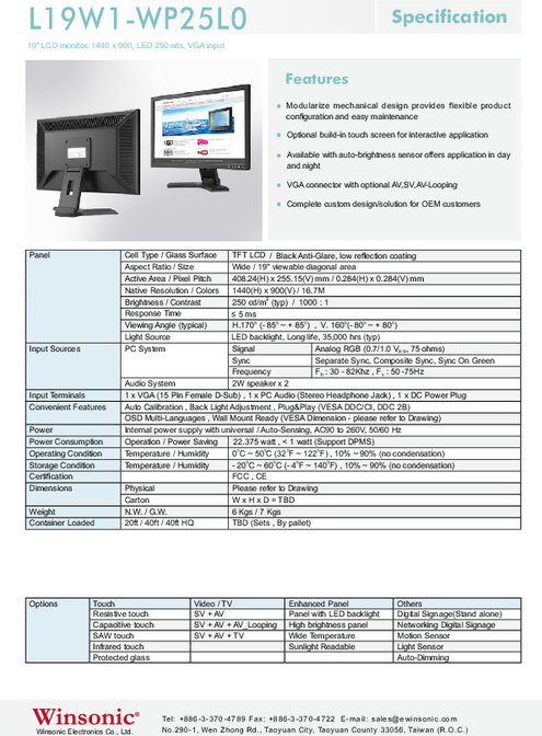 19インチワイド液晶ディスプレイ WINSONIC L19W1-WP25L0