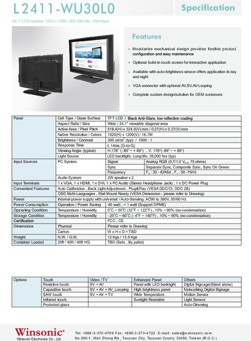 24.1インチワイド液晶ディスプレイ WINSONIC L2411-WU30L0