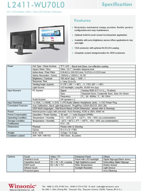 24.1インチワイド液晶ディスプレイ WINSONIC L2411-WU70L0