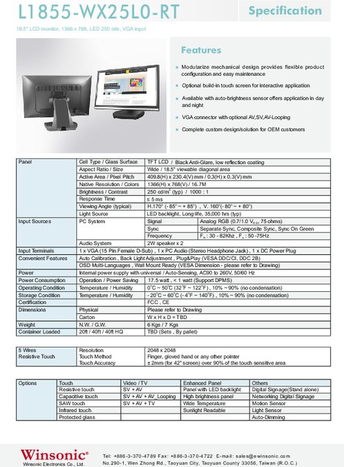 18.5インチワイド液晶ディスプレイ WINSONIC L1855-WX25L0-RT