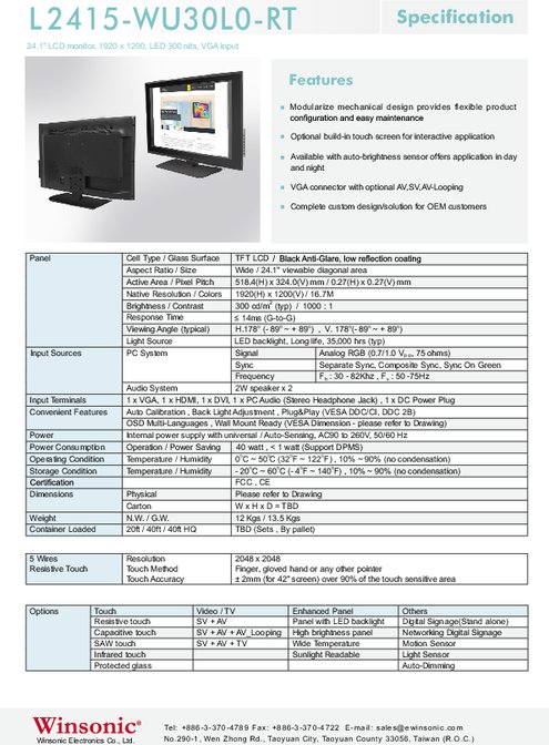 24.1インチワイド液晶ディスプレイ WINSONIC L2415-WU30L0-RT