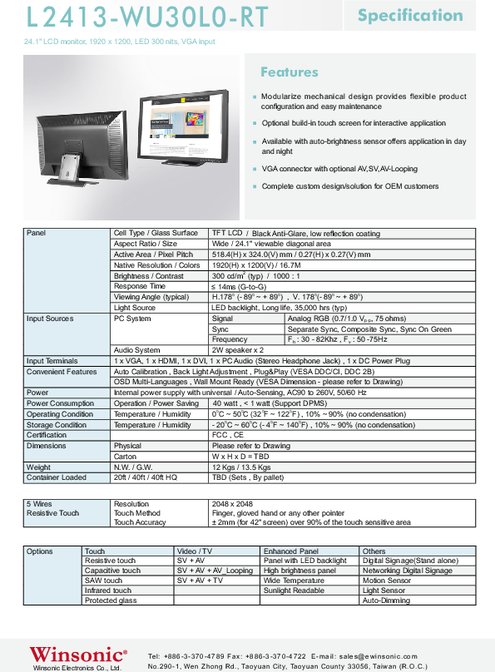 24.1インチワイド液晶ディスプレイ WINSONIC L2413-WU30L0-RT