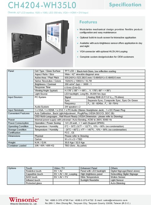 42インチワイド液晶ディスプレイ WINSONIC CH4204-WH35L0