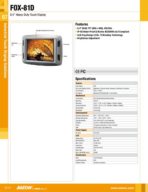 AAEON社製 8.4インチ液晶タッチパネルディスプレイ FOX-81D