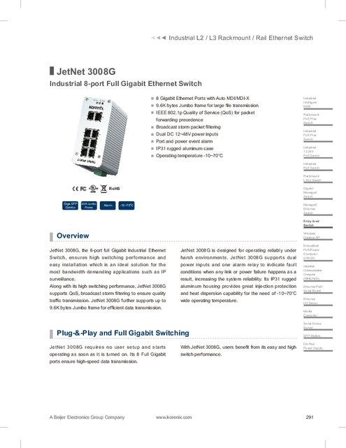 Korenix社製 産業用イーサネットスイッチ JetNet3008G