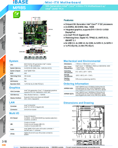 IBASE社製 Mini-ITXマザーボード MI985