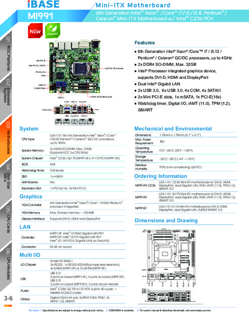 IBASE社製 Mini-ITXマザーボード MI991