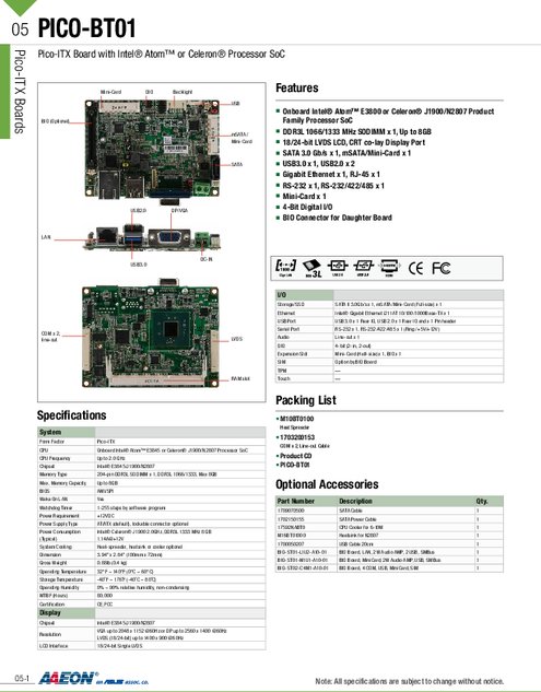 AAEON社製 PICO-ITX CPUボード PICO-BT01