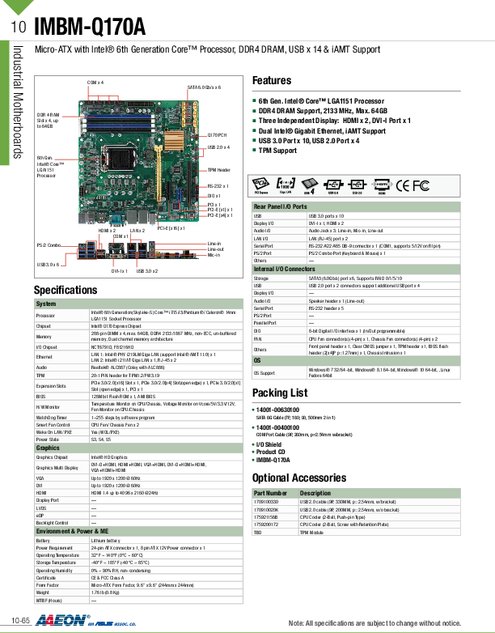 AAEON社製 Micro-ATXマザーボード IMBM-Q170A