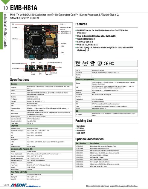 AAEON社製 Mini-ITXマザーボード EMB-H81A