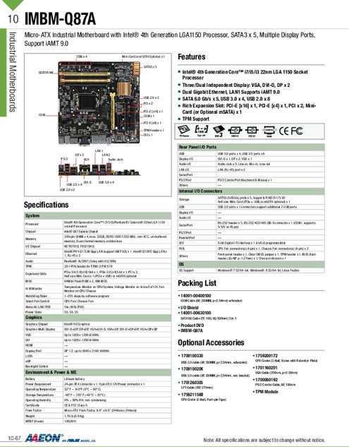 AAEON社製 Micro-ATXマザーボード IMBM-Q87A
