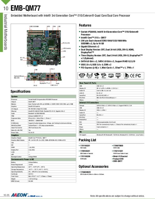 AAEON社製 Mini-ITXマザーボード EMB-QM77