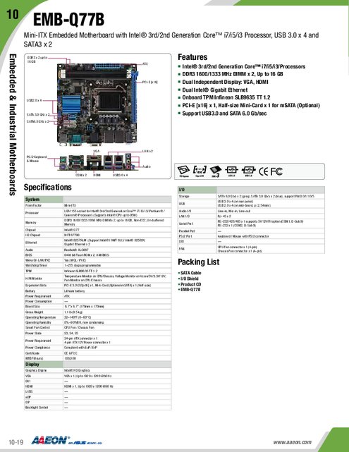 AAEON社製 Mini-ITXマザーボード EMB-Q77B