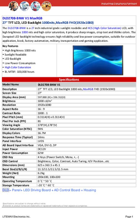 LITEMAX液晶ディスプレイ Durapixel DLD2708-BNW