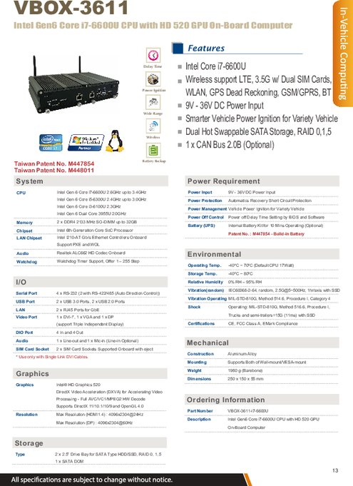 SINTRONES社製 産業用組込みPC VBOX-3611