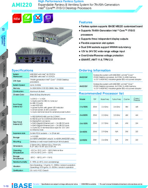 IBASE 産業用組込みPC AMI220／221／222